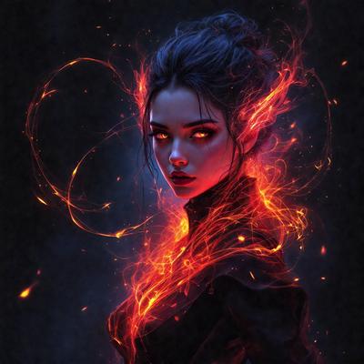 The primary subject of the image is a woman with a black shirt and a red flame-like design on her face. She is wearing a black dress and has a red flame design on her face. The setting is a dark room, and the visual style is a digital art or illustration. The colors and mood of the image are predominantly dark and dramatic, with the red flame design adding a touch of intensity and intrigue.